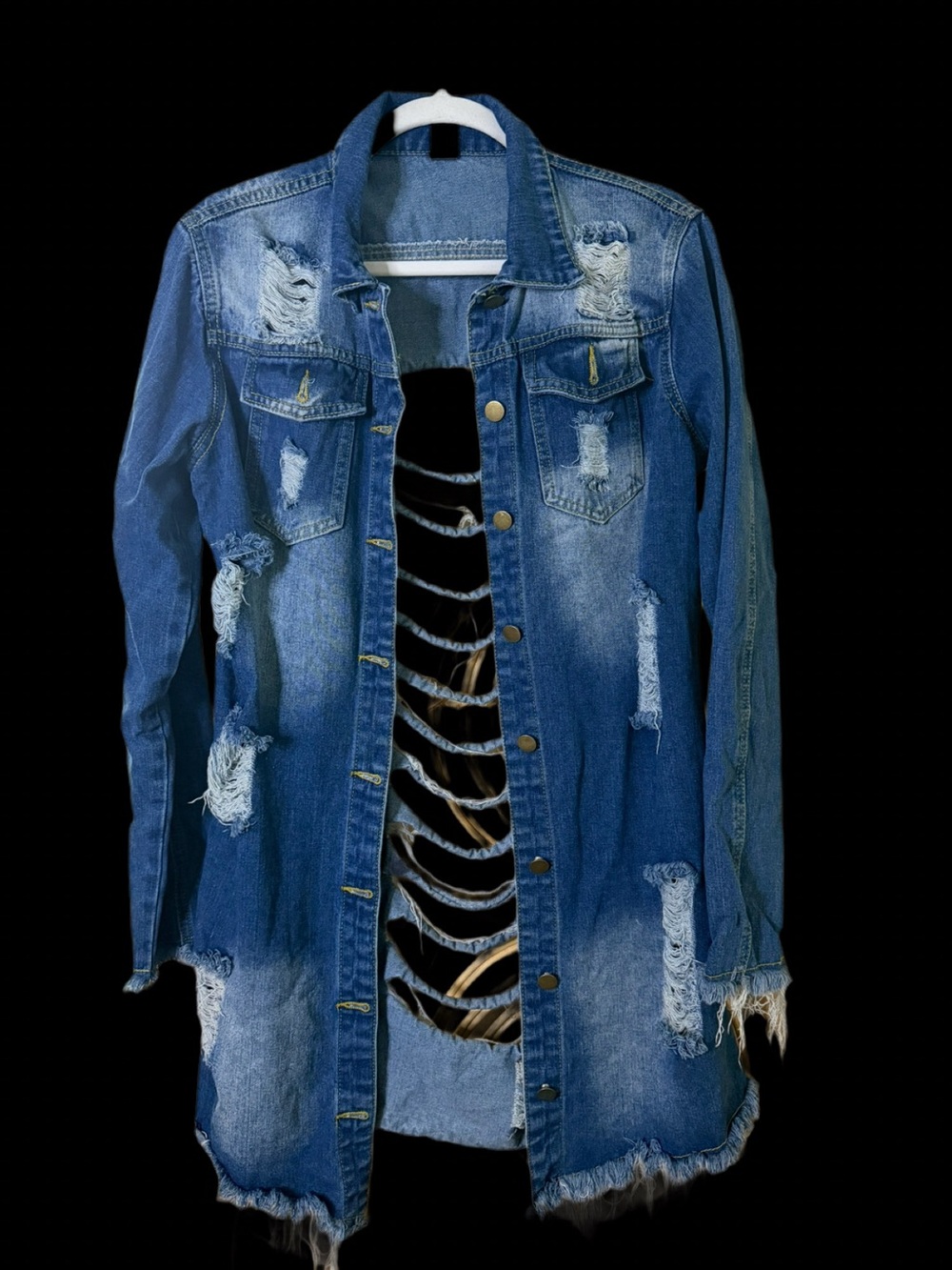 JEANS | Distressed Blue Denim Long Jacket